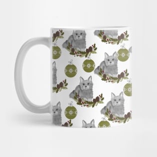 Grey Cat Pattern with Green Ornaments in White Background Mug